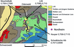 Vereinfachte geologische Karte der Umgebung von Nordheim mit 87Sr/86Sr-Verhältnissen der wichtigsten geologischen Einheiten