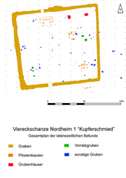 Plan der latènezeitlichen Befunde der Viereckschanze Nordheim-Kupferschmied.